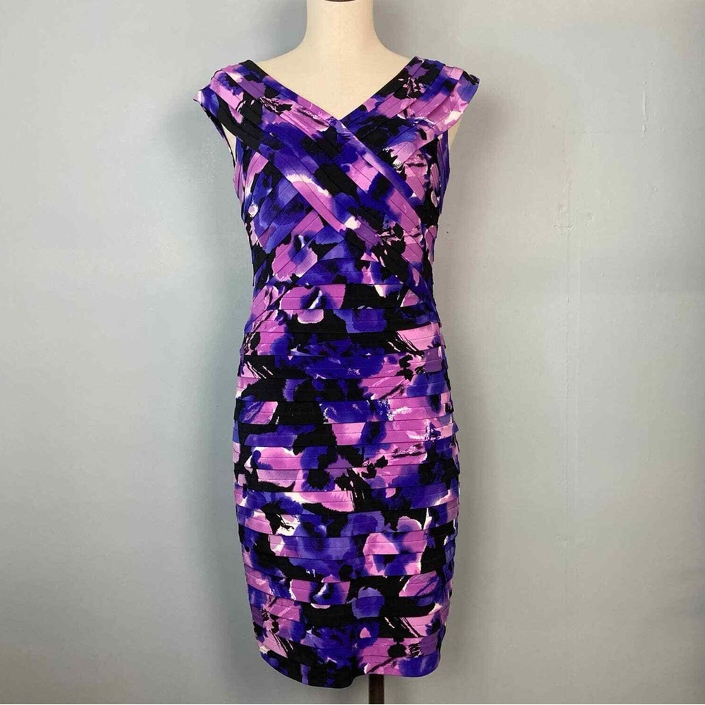 London Times Purple Pleated Off the Shoulder Mini Dress